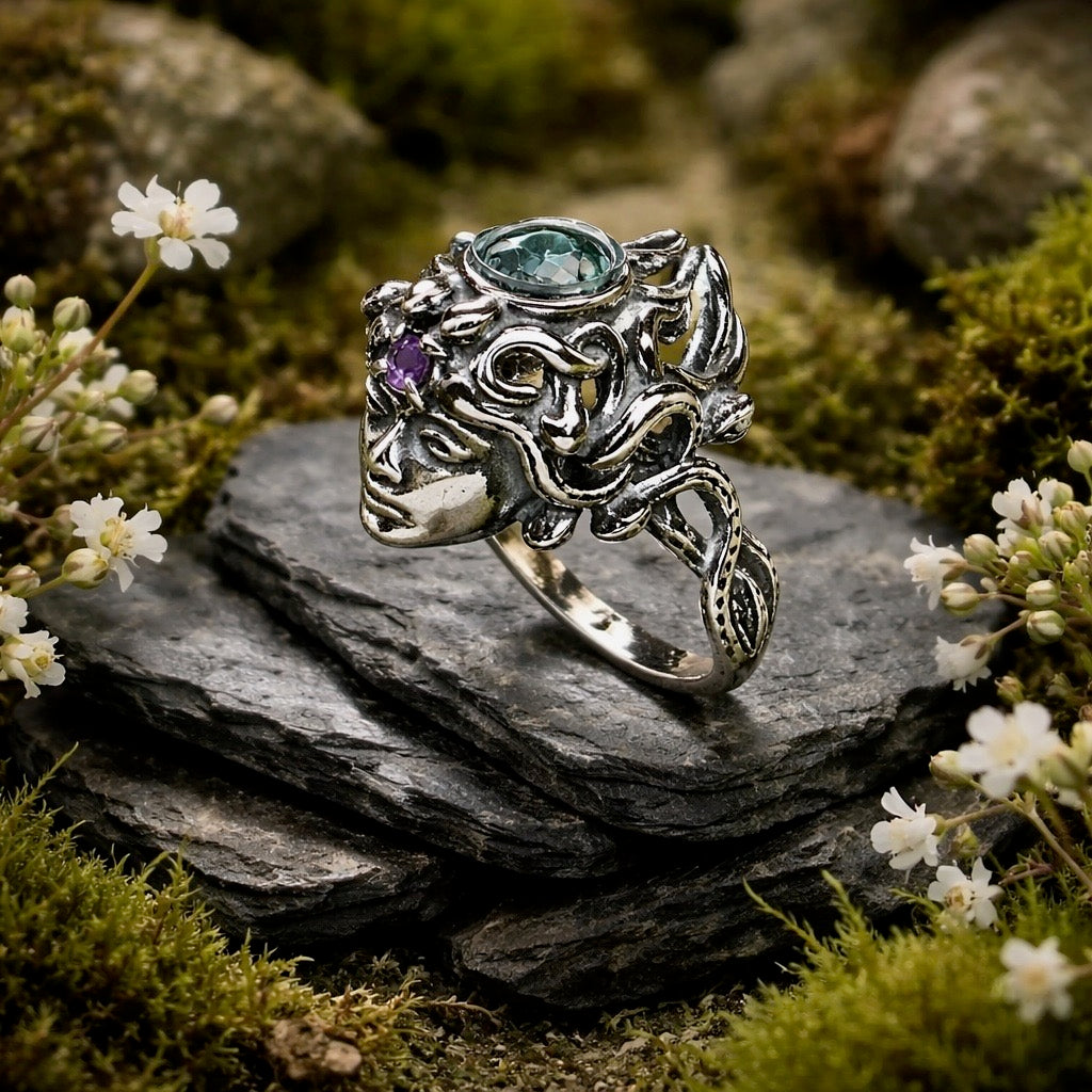 Mythical Medusa Ring with Blue Topaz & Amethyst Gemstones • 925 Sterling Silver • Adjustable • Gift box