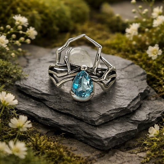 Spider Ring with Blue Topaz Gemstone • 925 Sterling Silver • Adjustable • Gift Box