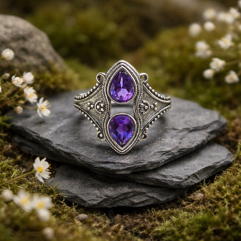 Corset Ring with 2 Amethyst Gemstones • 925 Sterling Silver • Adjustable • Gift Box