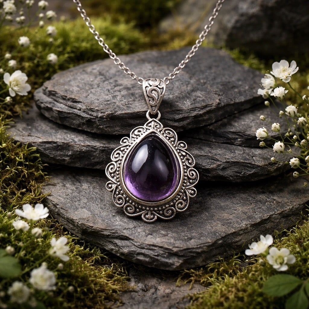 Amethyst Teardrop Pendant • 925 Sterling Silver • Gift Box