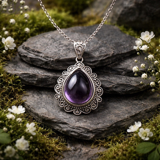 Amethyst Teardrop Pendant • 925 Sterling Silver • Gift Box