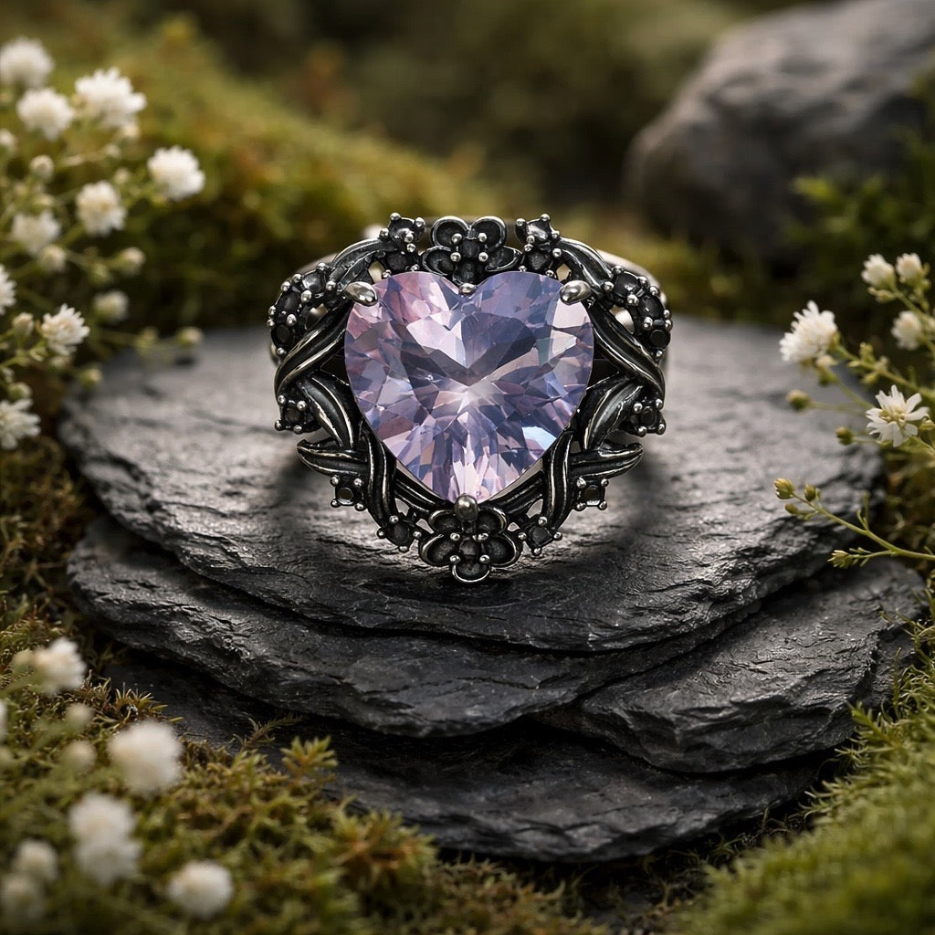 Lavender Amethyst Heart Ring • 925 Sterling Silver • Adjustable • Gift Box