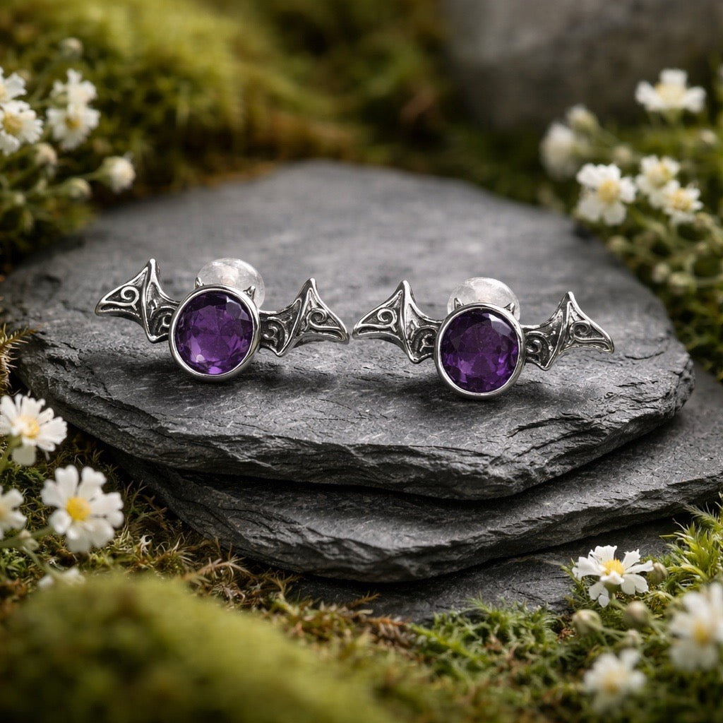 Gothic Bat Earrings with Faceted Amethyst Gemstone • 925 Sterling Silver • Gift Box