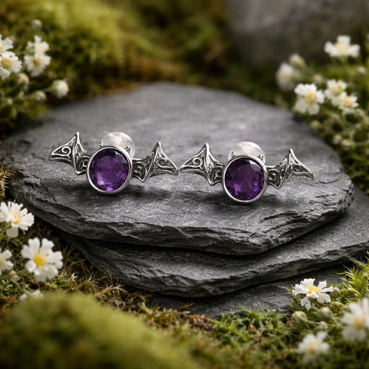 Gothic Bat Earrings with Faceted Amethyst Gemstone • 925 Sterling Silver • Gift Box