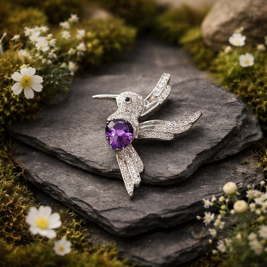 CZ Encrusted Hummingbird Pendant with Amethyst Gemstone • 925 Sterling Silver • Gift Box