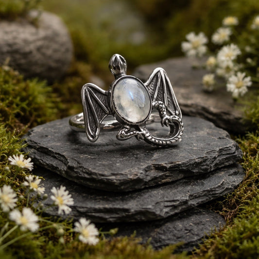 Fantasy Dragon Ring with Rainbow Moonstone Gemstone • 925 Sterling Silver • Adjustable • Gift Box