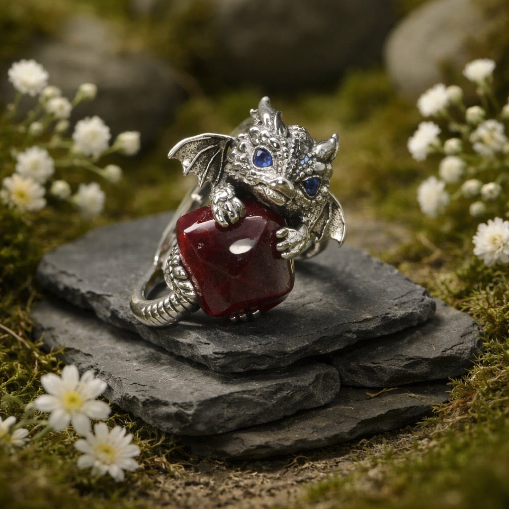 Baby Dragon Ring with Garnet Gemstone • 925 Sterling Silver • Adjustable • Gift box