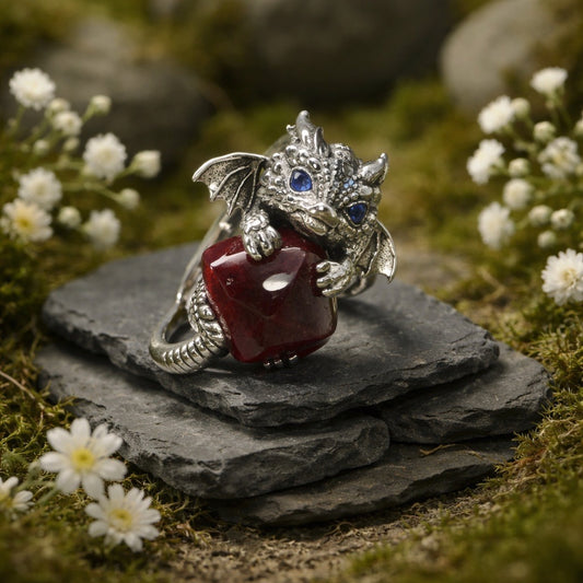 Baby Dragon Ring with Garnet Gemstone • 925 Sterling Silver • Adjustable • Gift box