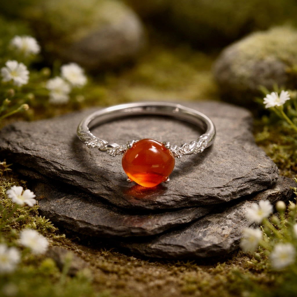 Dainty Stacking Ring with Orange Agate & CZ Accents • 925 Sterling Silver • Adjustable • Gift Box