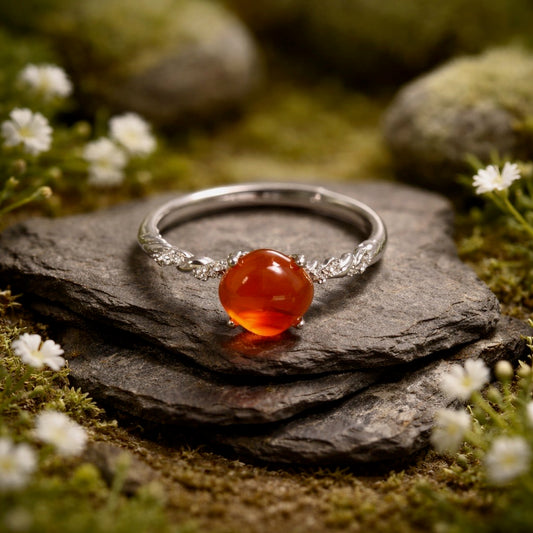 Dainty Stacking Ring with Orange Agate & CZ Accents • 925 Sterling Silver • Adjustable • Gift Box