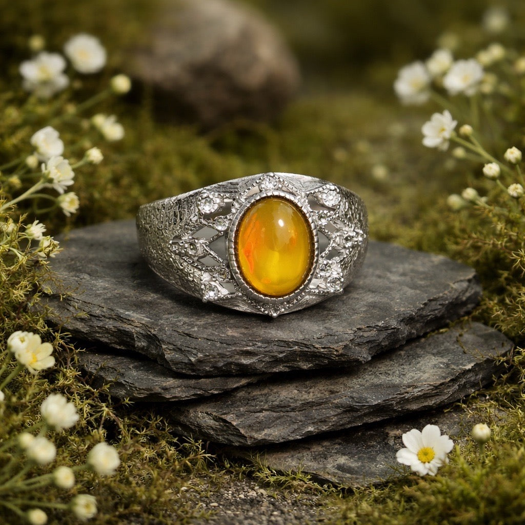 Men’s Chunky Gemstone Ring with Orange Opal Gemstone & CZ Accents • 925 Sterling Silver • Adjustable • Gift Box