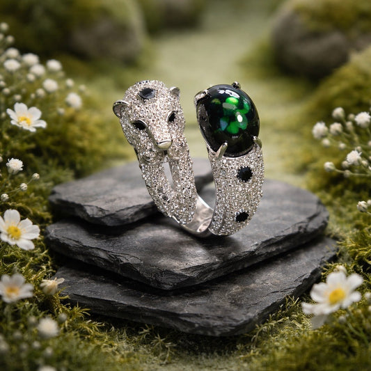 Crystal Encrusted Leopard Ring with Black Opal Gemstone • 925 Sterling Silver • Adjustable • Gift Box