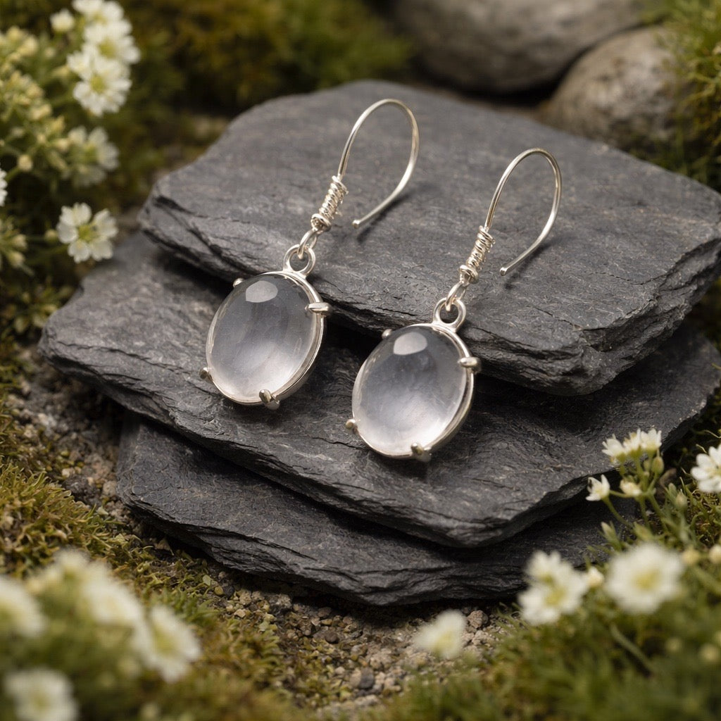 Rose Quartz Dropper Earrings • 925 Sterling Silver • Gift Box