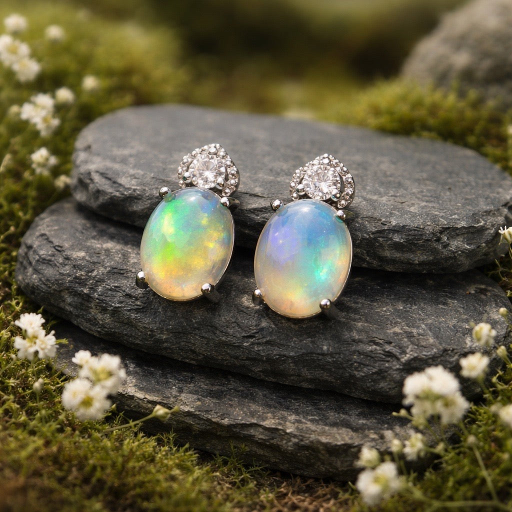 Rainbow Opal Stud Earrings with CZ Accents • 925 Sterling Silver • Gift Box