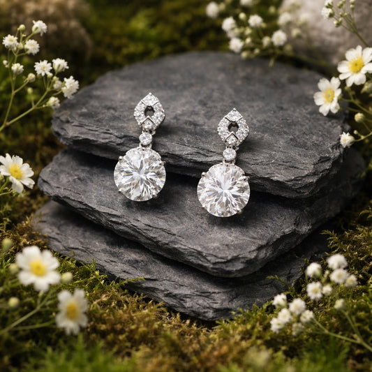 Crystal Dropper Earrings with Clear Quartz Gemstone & CZ Accents • 925 Sterling Silver • Gift Box
