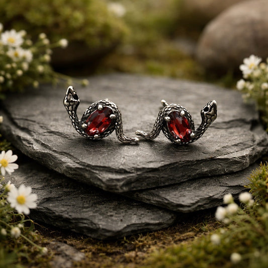 Snake Stud Earrings with Faceted Garnet Gemstones • 925 Sterling Silver • Gift Box