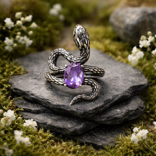Snake Ring with Amethyst Gemstone • 925 Sterling Silver • Adjustable • Gift Box