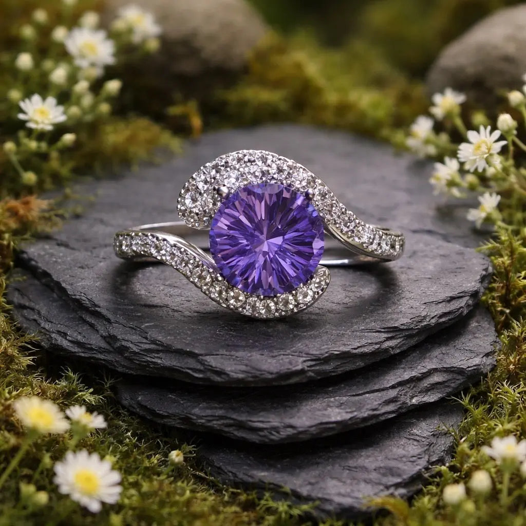 Snake Ring with Faceted Amethyst Gemstone & CZ • 925 Sterling Silver • Adjustable • Gift Box Celtic Dragon Jewellery