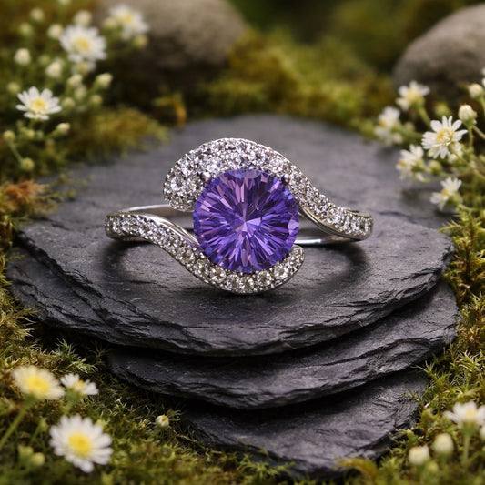 Snake Ring with Faceted Amethyst Gemstone & CZ • 925 Sterling Silver • Adjustable • Gift Box