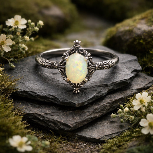 Fleur De Lys Ring with Opal Gemstone • 925 Sterling Silver • Adjustable • Gift Box