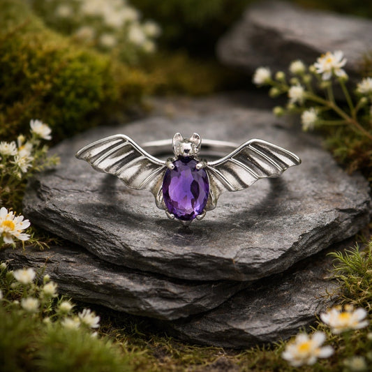 Gothic Bat Ring with Amethyst Gemstone • 925 Sterling Silver • Adjustable • Gift Box