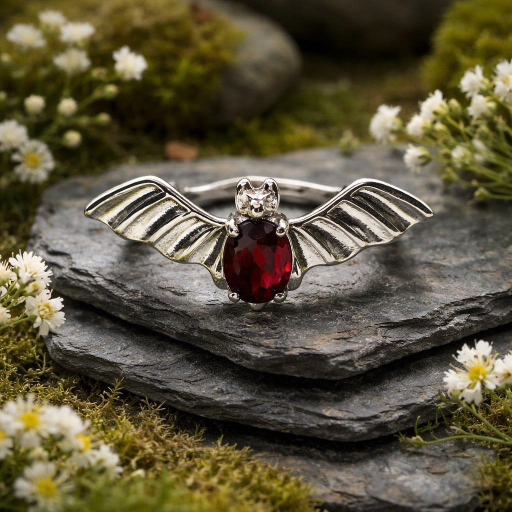 Gothic Bat Ring with Red Garnet Gemstone • 925 Sterling Silver • Adjustable • Gift Box