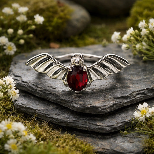 Gothic Bat Ring with Red Garnet Gemstone • 925 Sterling Silver • Adjustable • Gift Box