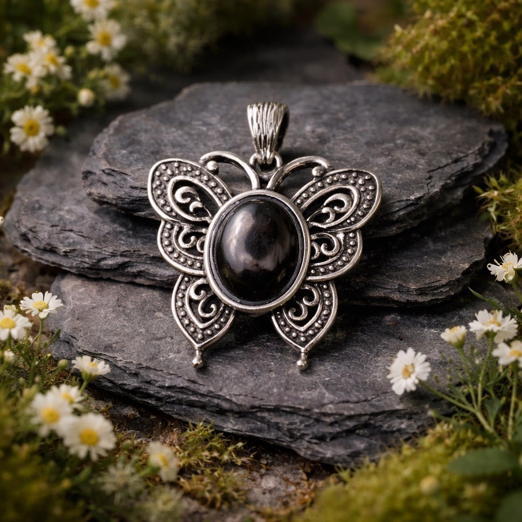 Butterfly Pendant with Hypersthene Gemstone • 925 Sterling Silver • Gift Box