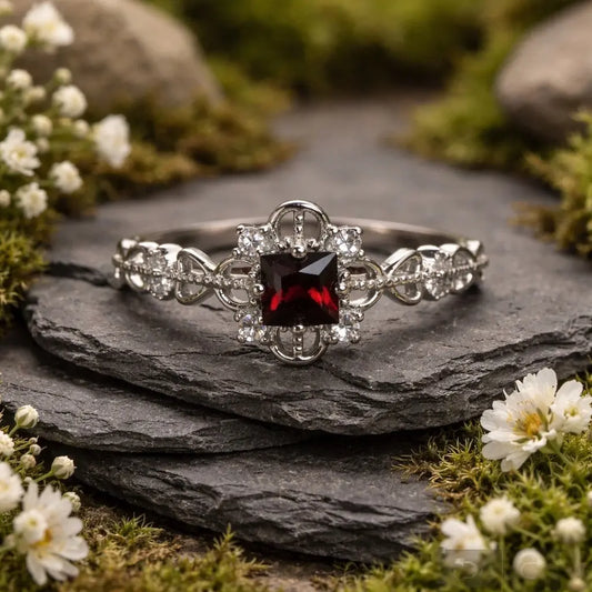 Ornate Garnet Ring with CZ Accents • 925 Sterling Silver • Adjustable • Gift Box Celtic Dragon Jewellery