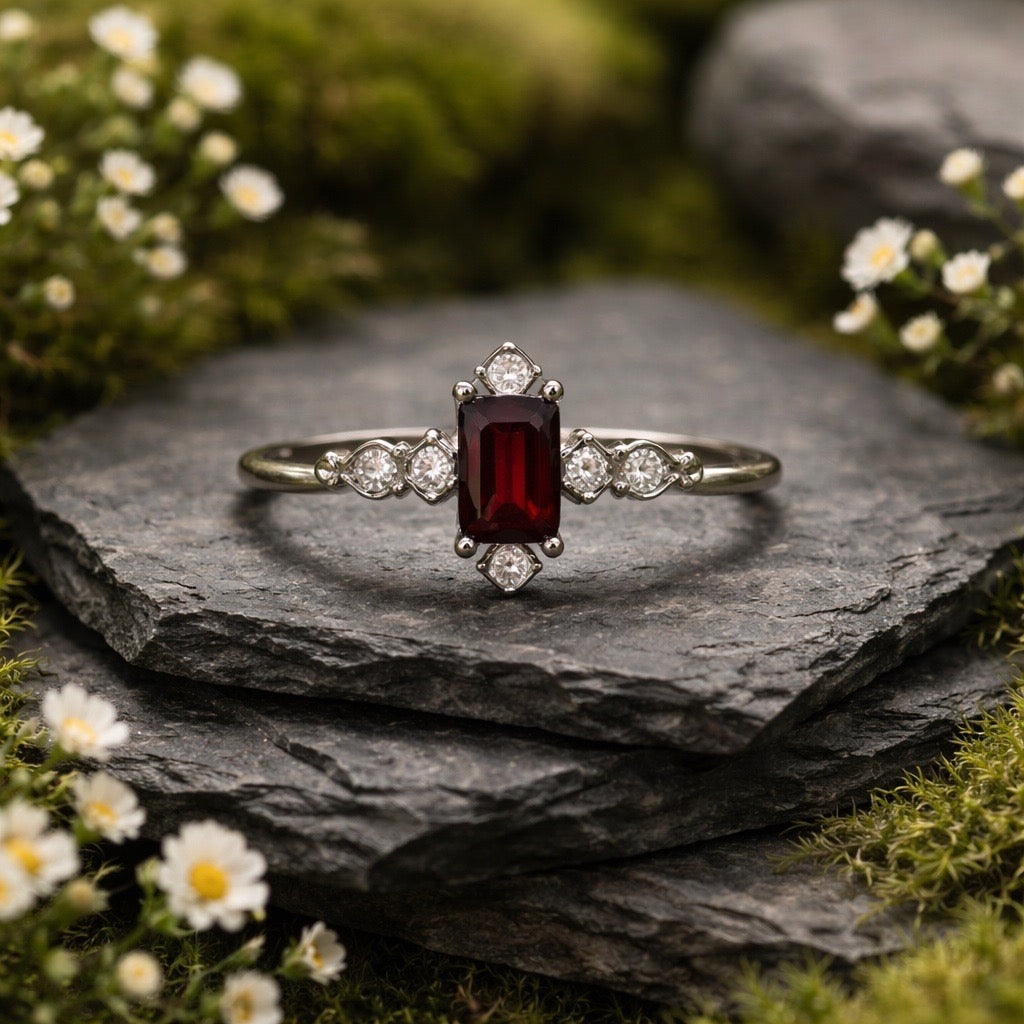 Ornate Garnet Ring with CZ Accents • 925 Sterling Silver • Adjustable • Gift Box