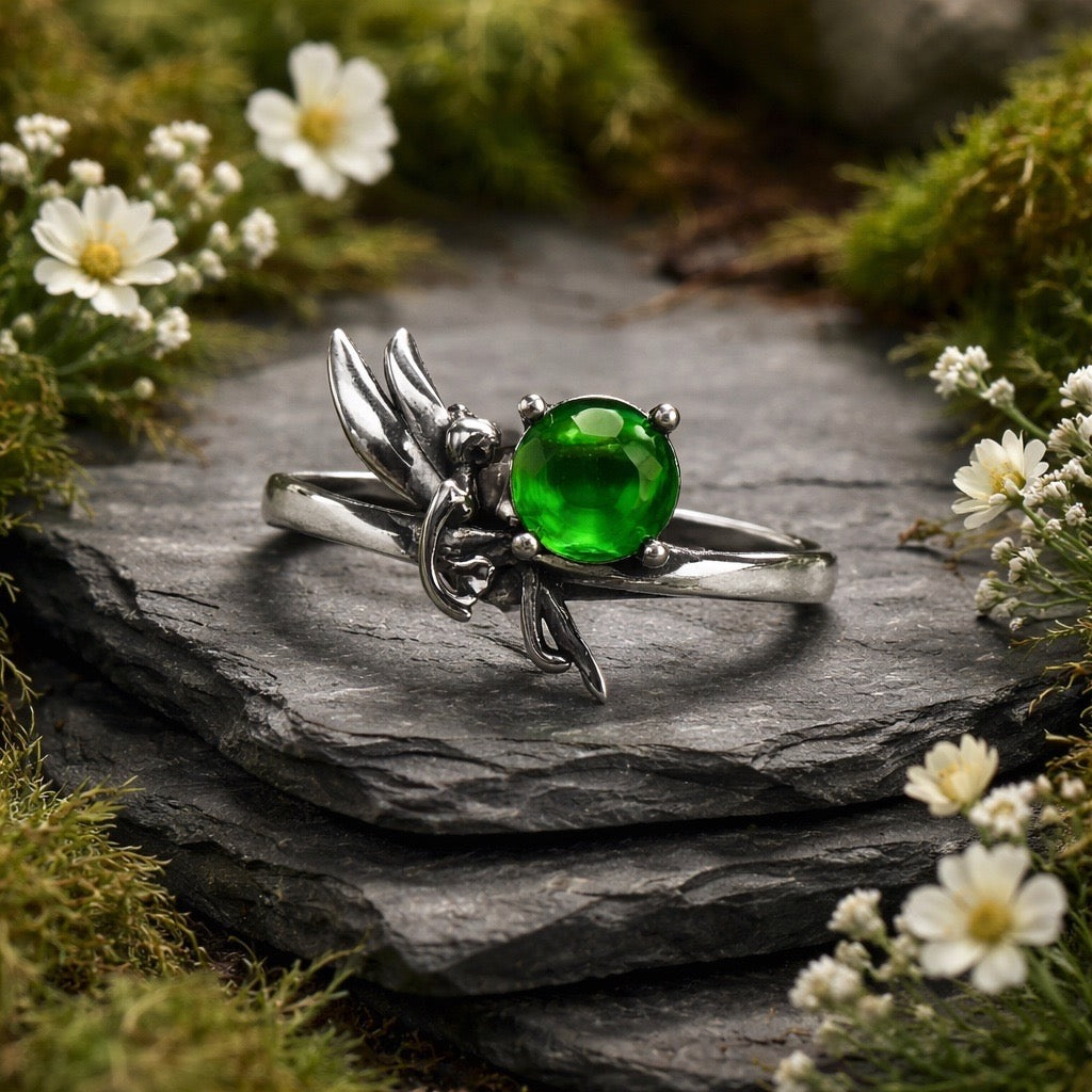 Fairy Ring with Chrome Diopside Gemstone • 925 Sterling Silver • Adjustable • Gift Box