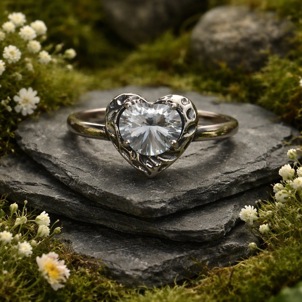 Heart Ring with Clear Quartz Gemstone • 925 Sterling Silver • Adjustable • Gift Box