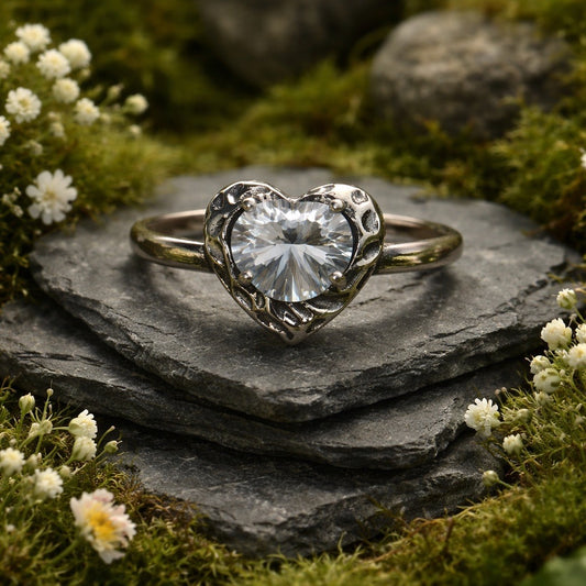 Heart Ring with Clear Quartz Gemstone • 925 Sterling Silver • Adjustable • Gift Box