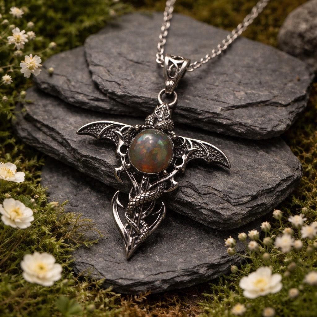 Dragon Cross Pendant with Black Opal Gemstone • 925 Sterling Silver • Gift box