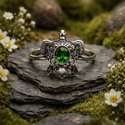 Turtle Ring with Diopside Gemstone • 925 Sterling Silver • Adjustable • Gift Box