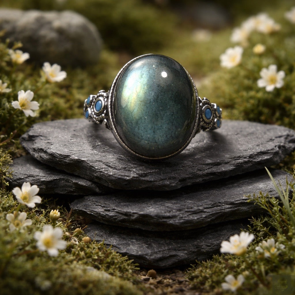 Large Oval Labradorite Ring with Blue Flash • 925 Sterling Silver • Adjustable • GiftBox