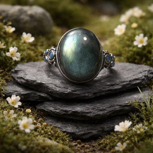 Large Oval Labradorite Ring with Blue Flash • 925 Sterling Silver • Adjustable • GiftBox