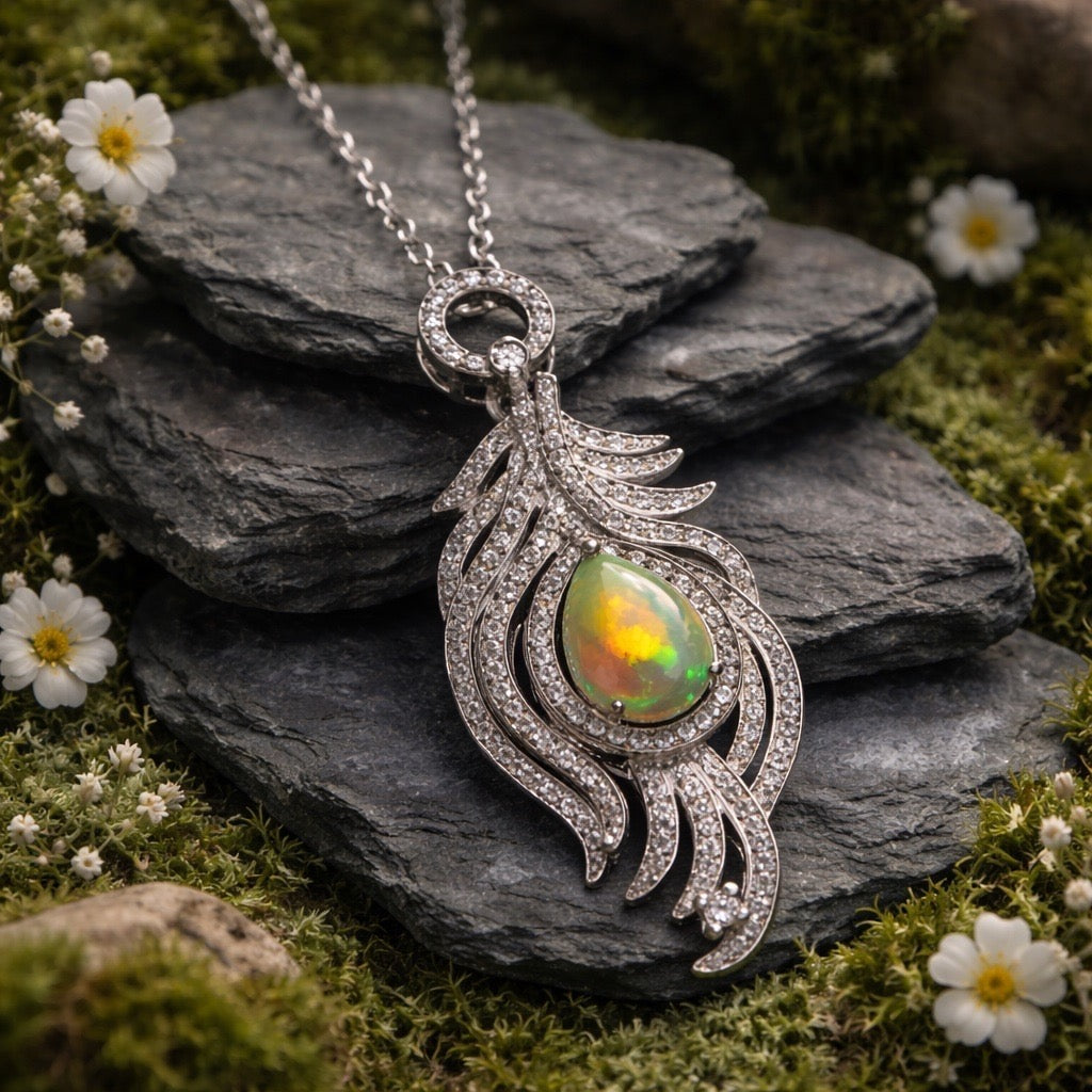Peacock Feather Pendant • 925 Sterling Silver • CZ Accents • Gift Box