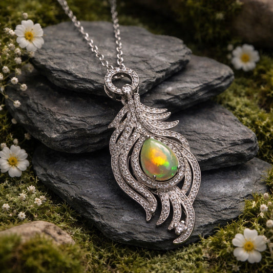 Peacock Feather Pendant • 925 Sterling Silver • CZ Accents • Gift Box