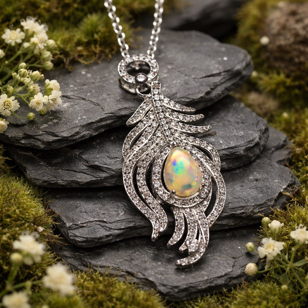 Peacock Feather Pendant with Opal Gemstone • 925 Sterling Silver • CZ Accents • Gift Box