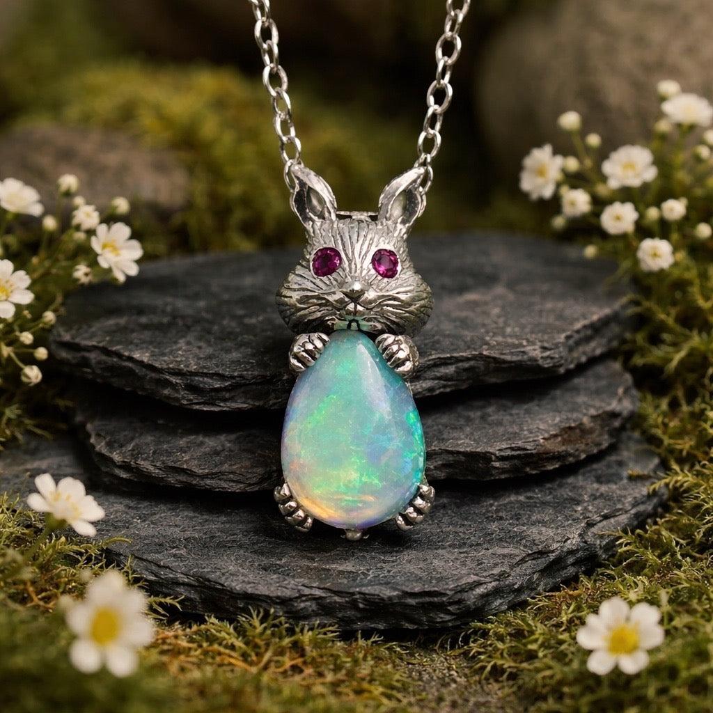 Rabbit Pendant with Opal Gemstone • 925 Sterling Silver • Gift Box
