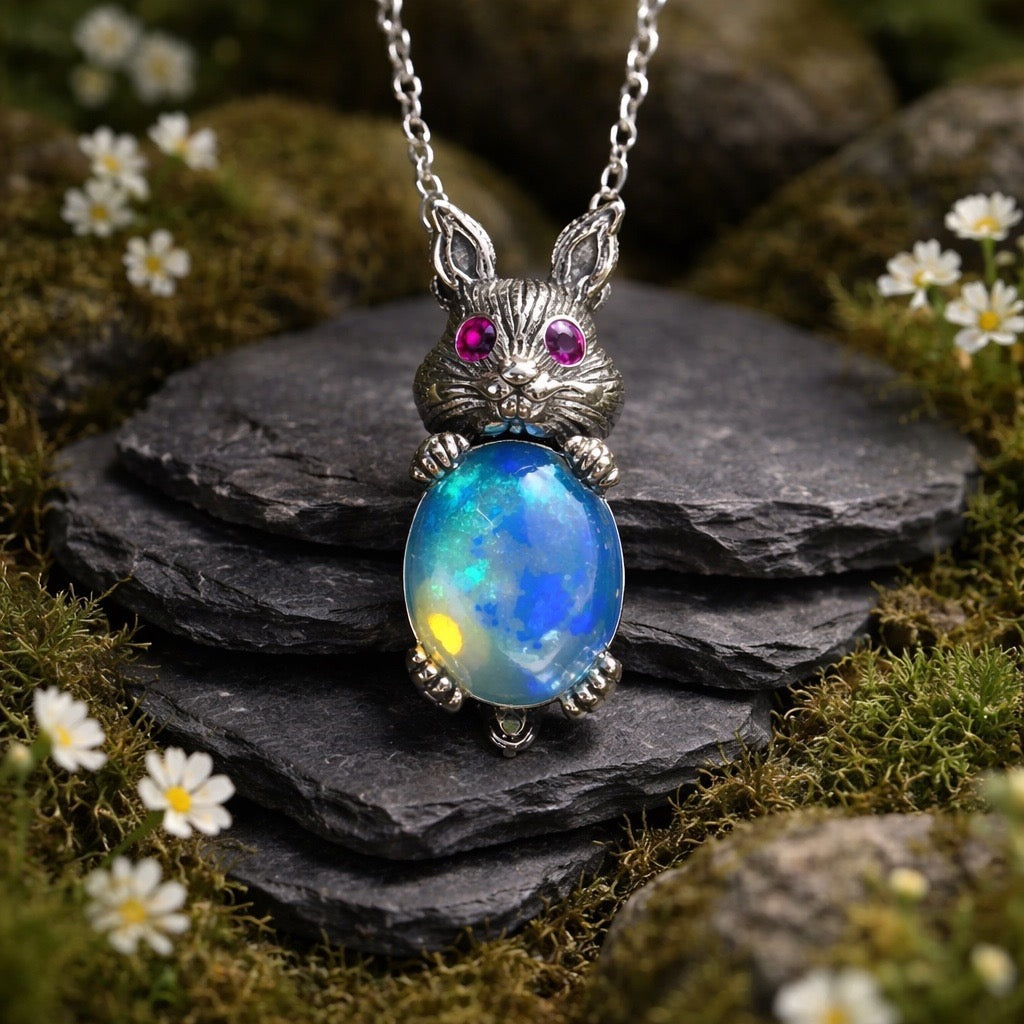 Rabbit Pendant with Opal Gemstone • 925 Sterling Silver • Gift Box
