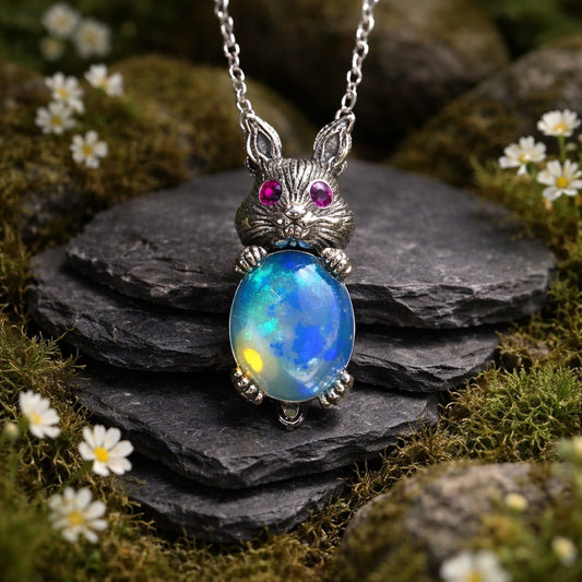 Rabbit Pendant with Opal Gemstone • 925 Sterling Silver • Gift Box