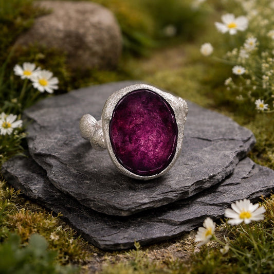 Textured Mens Ring with Purple Fluorite Gemstone • 925 Sterling Silver • Adjustable • Gift Box