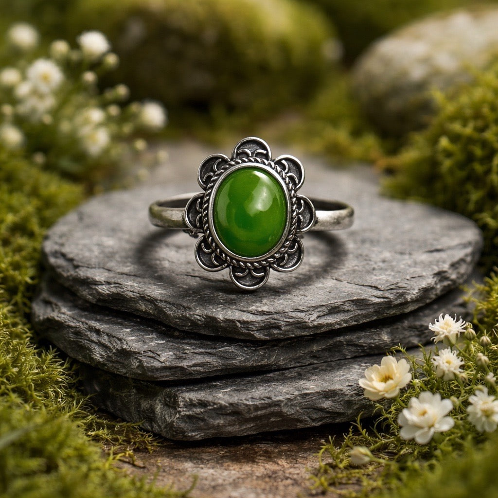 Floral Ring with Bezel Set Jade Gemstone • 925 Sterling Silver • Adjustable • Gift Box