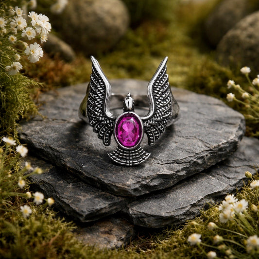 Flying Eagle Ring with Faceted Pink Topaz Gemstone • 925 Sterling Silver • Adjustable • Gift Box