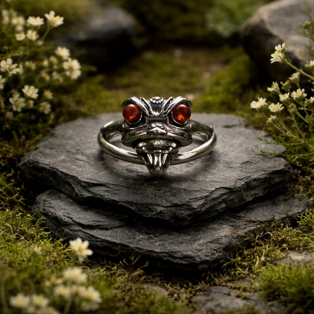 Oriental Lion Ring with Garnet Gemstones • 925 Sterling Silver • Adjustable • Gift Box