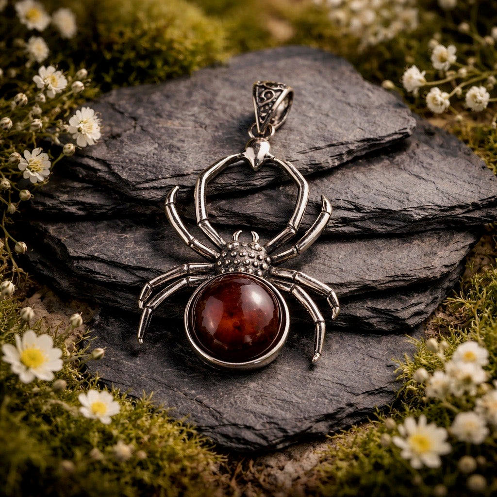 925 Silver Red Tiger's Eye Pendant • Spider Design • Giftbox