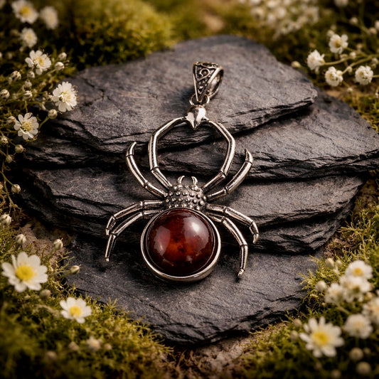 925 Silver Red Tiger's Eye Pendant • Spider Design • Giftbox
