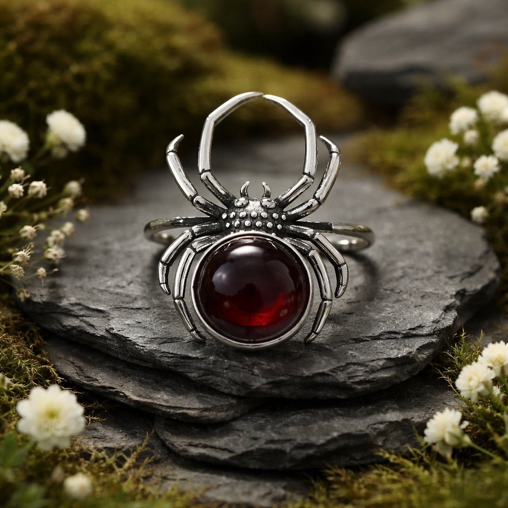 Gothic Spider Ring with Red Tigers Eye Gemstone • 925 Sterling Silver • Adjustable • Gift Box